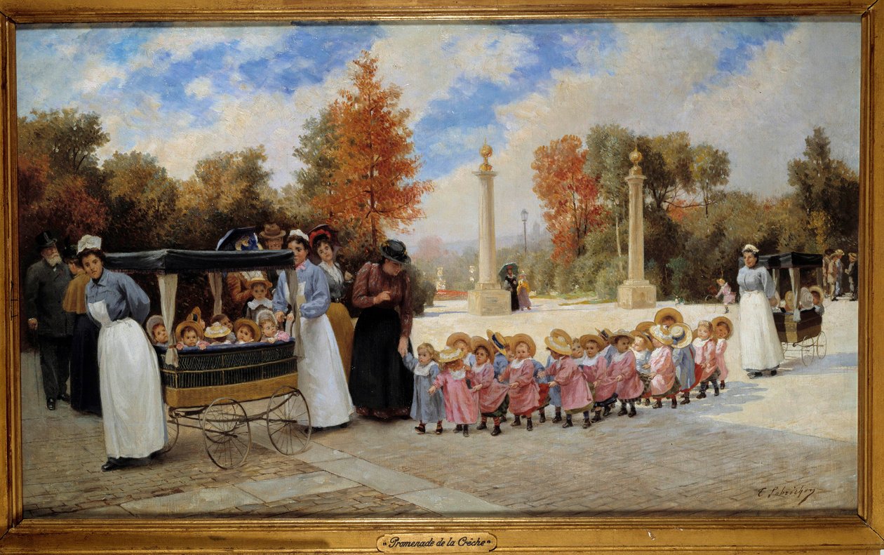 クレッシュからチュイルリー宮殿に向かう看護師たちは、カートに乗った子供たちを連れて歩いています。Timoleon Lobrichon（1831-1914）の絵画 19世紀。個人蔵 - チュイルリー庭園の子供たちのプロムナード。カートに乗った子供たちを散歩させる乳母たち。画家 作： ティモレオン＝マリー・ロブリション
