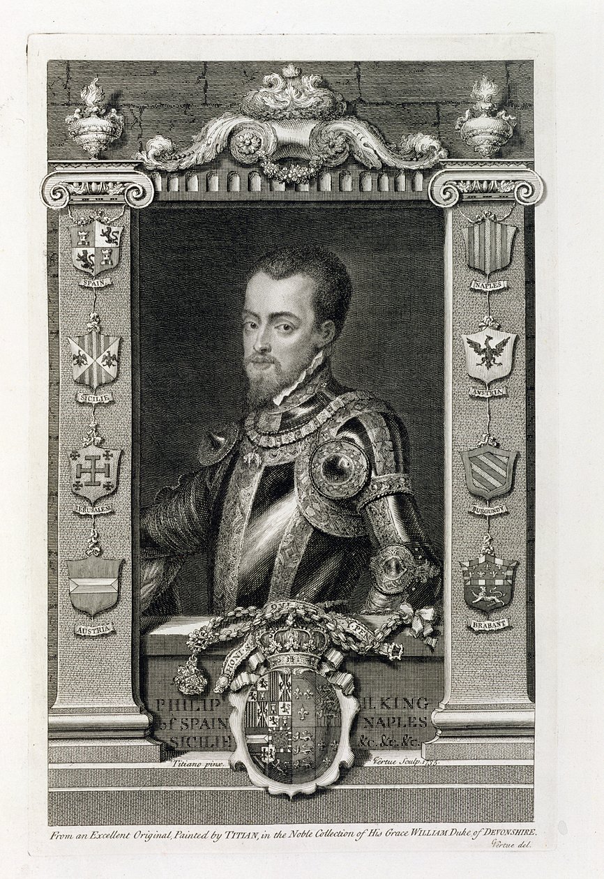 フィリップ2世（1527-98）1556年のスペイン王、ジョージヴァーチュー（1684-1756）1735年から彫刻 作： Tiziano Vecelli