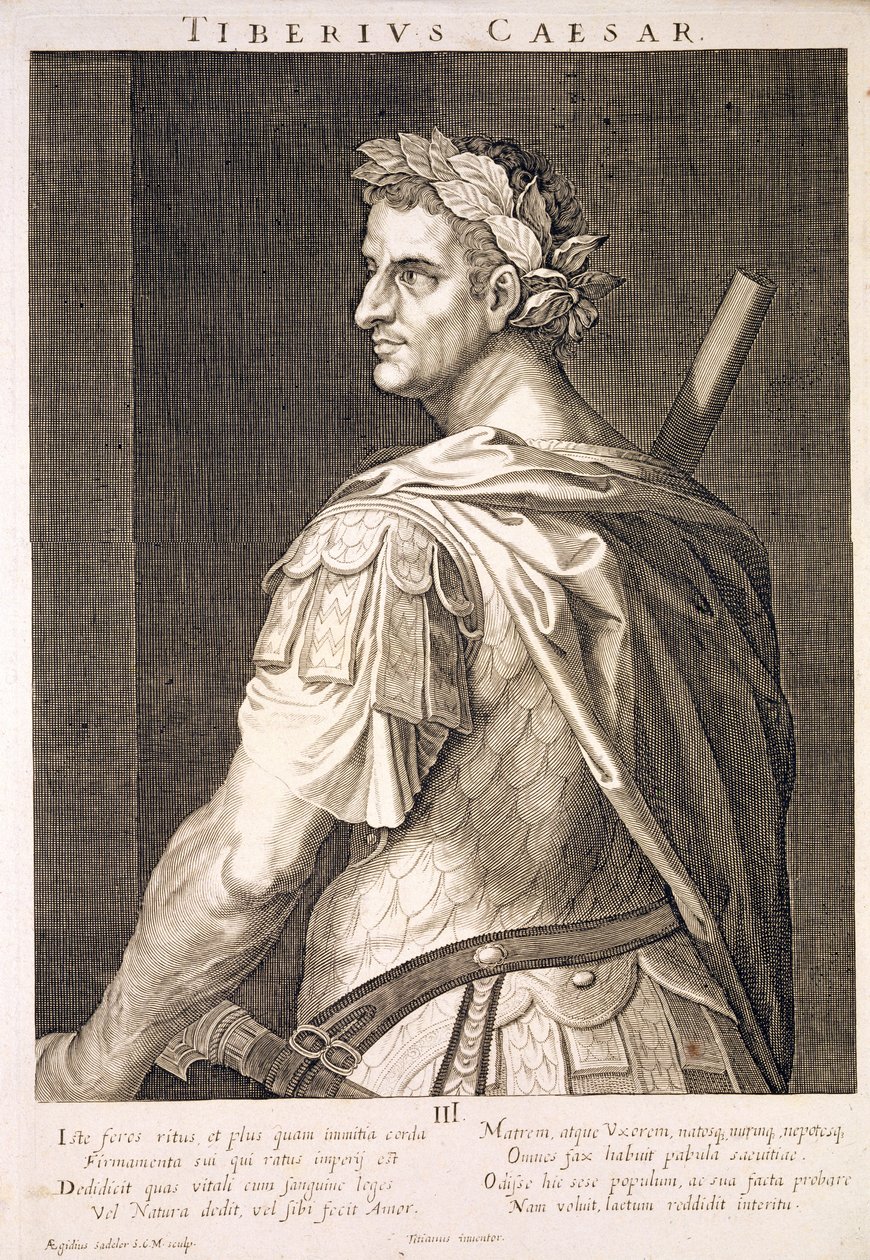 ティベリウスシーザー（紀元前10年-紀元前54年）ローマ皇帝14-37紀元前にエージディウスサデラー（1570-1629）によって彫刻 作： Tiziano Vecelli