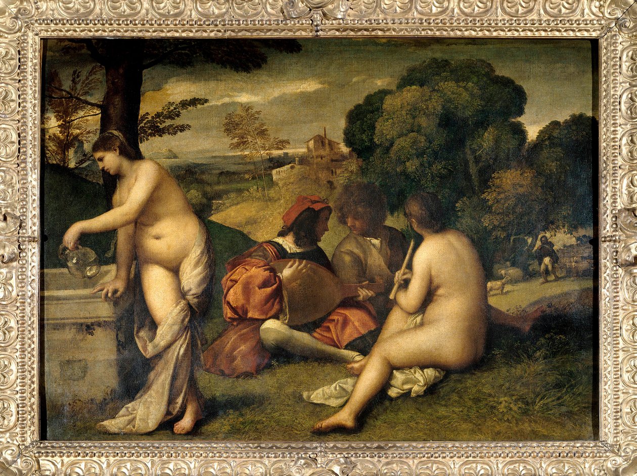 バンドコンサート 芝生の上にいる音楽家たち、二人の女性は裸で、一人は泉で水差しに水を入れている。ティツィアーノ・ヴェチェッリオ・ディット・レ・ティツィアーノ（1485-1576）またはジョルジョ・ダ・カステルフランコ・ディット・ジョルジョーネ（1476/1478-1510）の作品とされています。1,05 X 1 作： ティツィアーノ（c.1488 1576）（attr。To）