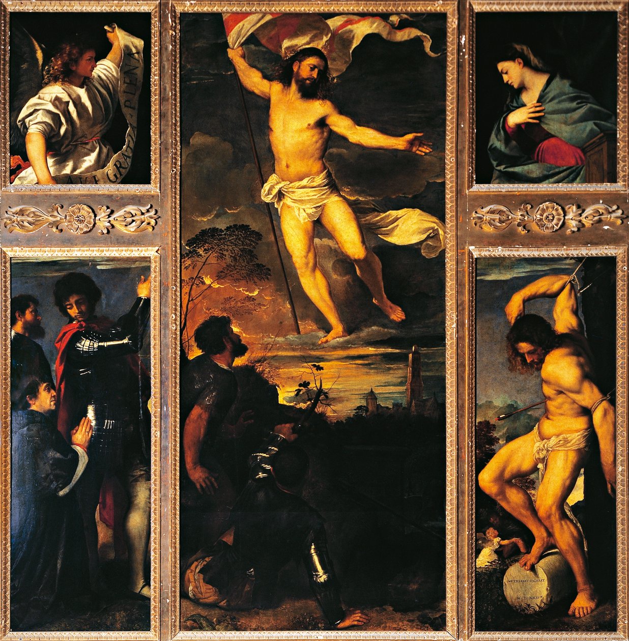 ヴェチェッリオ・ティツィアーノ（1488-1576）のアヴェロルディ祭壇画、油彩、カンヴァス、278x292cm 聖ナザリオとセルソのコレジャート教会、ブレシア 作： ティツィアーノ（c.1488-1576）