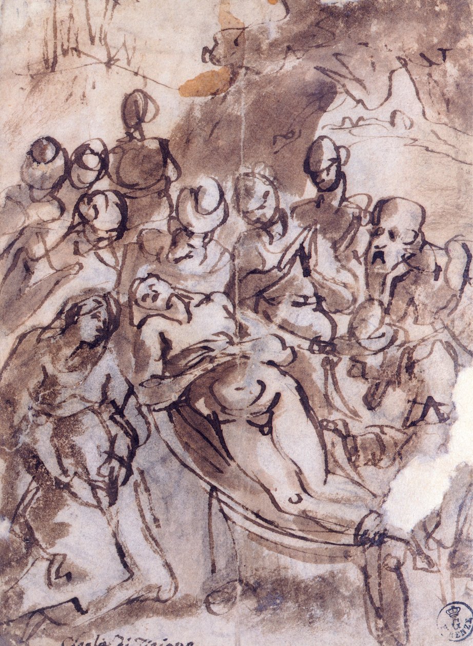 ティツィアーノ（1490年頃～1576年頃）の「デポジション」、ドローイング 作： ティツィアーノ（c.1488-1576）