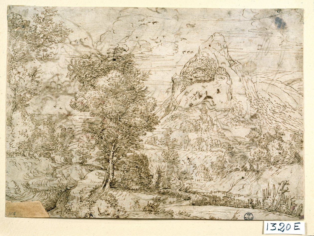 鳥の飛ぶ風景（紙にインク） 作： ティツィアーノ (c.1488-1576)