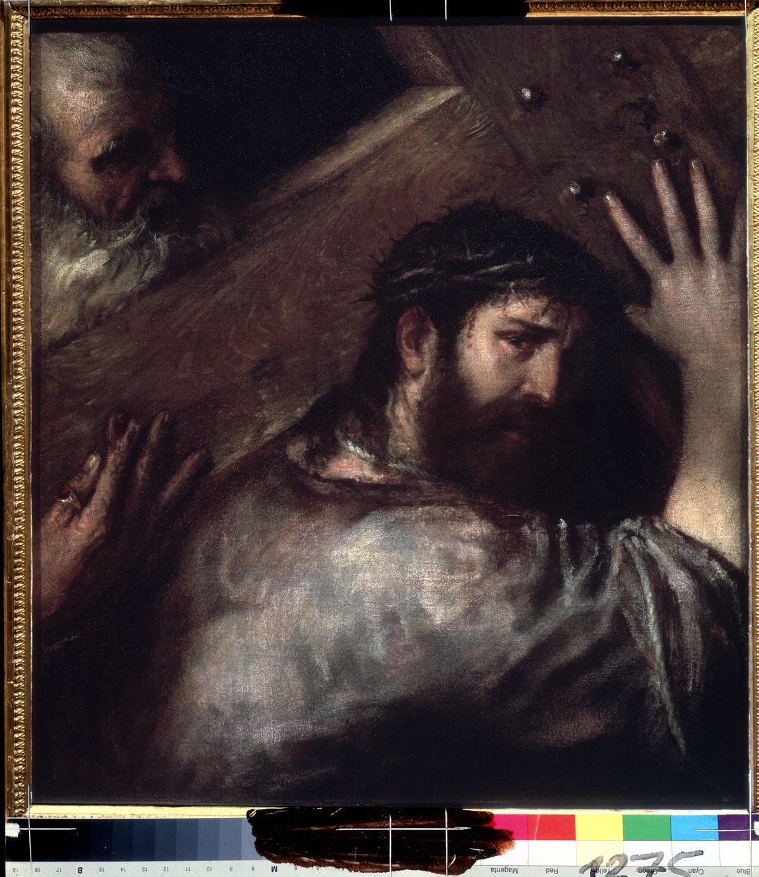 十字架を背負ったキリスト (Le portement de croix) (十字架を背負ったキリスト)。 Titian または Le Titian (Tiziano Vecelli または Vecelli、または Tiziano da Cador) の絵画 作： ティツィアーノ（c.1488-1576）