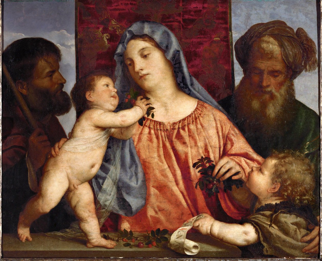 チェリーとマドンナ...（油彩・キャンバス） 作： ティツィアーノ（1488年頃-1576年）