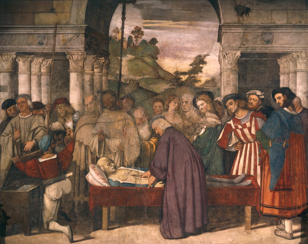 ティツィアーノ（1490年頃～1576年）作「パドヴァの聖アントニーの生涯の場面」の細部、フレスコ画、パドヴァの聖スクレッタ学校所蔵「囚人の心臓の奇跡 作： ティツィアーノ（c.1488-1576）