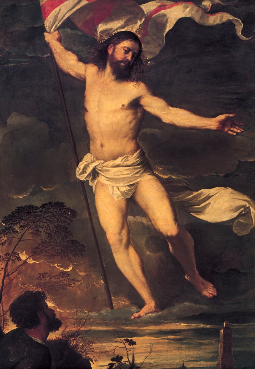 キリストの復活」ティツィアーノ・ヴェチェッリオ（1488-1576）作、アヴェローディ祭壇画の中央パネルより、油彩・カンヴァス、278x292cm、ブレシアの聖ナザリオとセルソのコレジオ教会 作： ティツィアーノ（c.1488-1576）