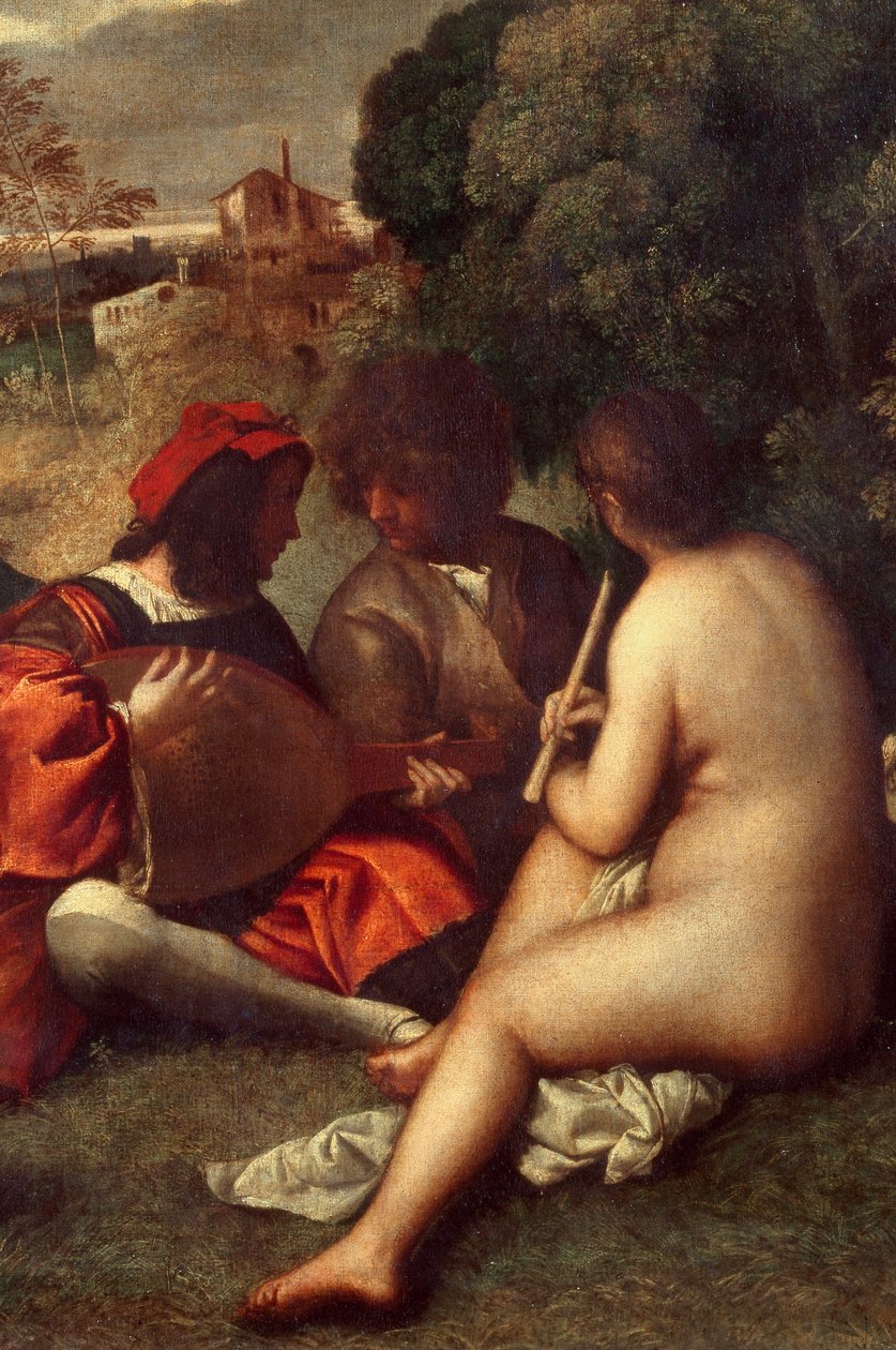 Das Konzert im Freien. Musiker auf dem Gras, Frauen sind nackt. Detail. Gemälde zugeschrieben Tiziano Vecellio dit le Titian (1485-1576) oder Giorgio da Castelfranco dit Giorgione (1476/1478-1510) von Titian (c.1488-1576) (attr. to)