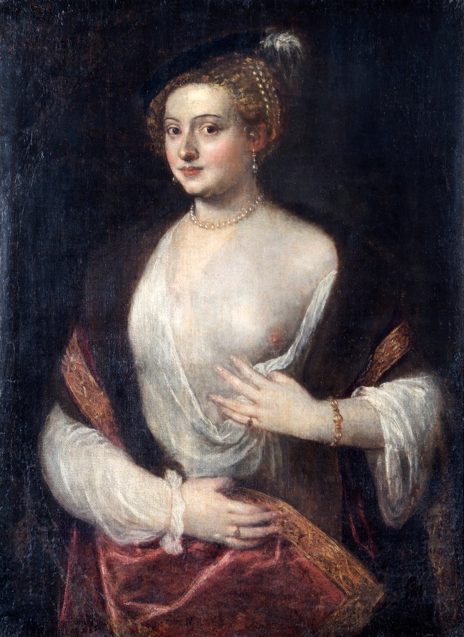 「ティツィアーノの愛人」と呼ばれる未知の女性、1550年頃（キャンバスに油彩） 作： ティツィアーノ (c.1488-1576) (信奉者)