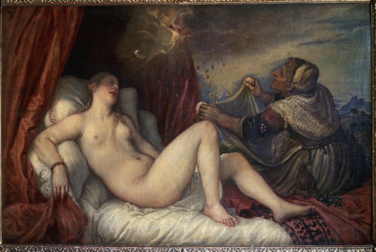 Danaë. Griechische Mythologie: Zeus erscheint Danaë in Form eines Goldregens, um sie zu verführen. von Tiziano Vecelli
