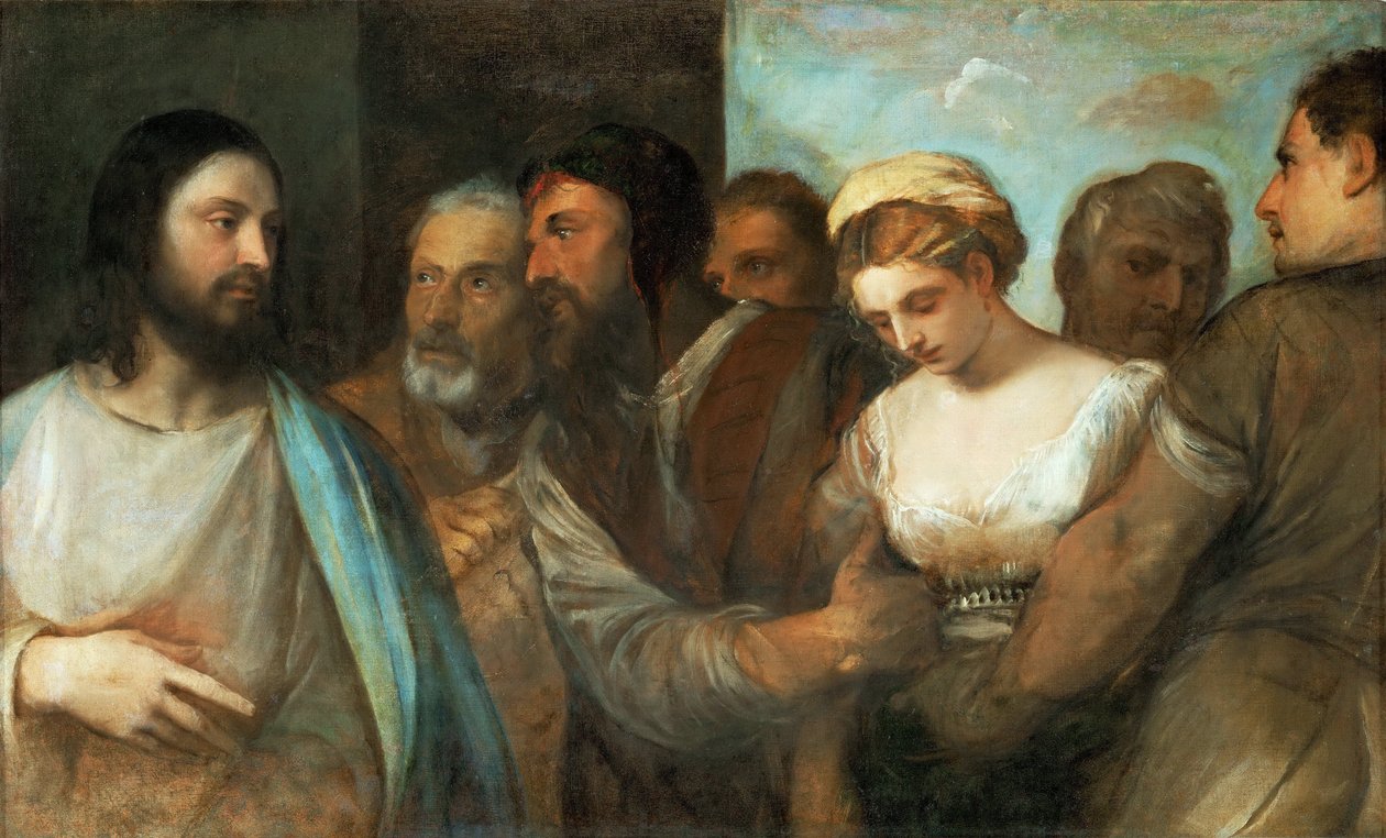 Le Christ et la femme adultere - キリストと姦通された女」ティツィアーノ（1488-1576）作。1520年頃、キャンバスに油彩。サイズ：82,5x136,5 cm。美術史博物館、ヴィエンヌ 作： Tiziano Vecelli