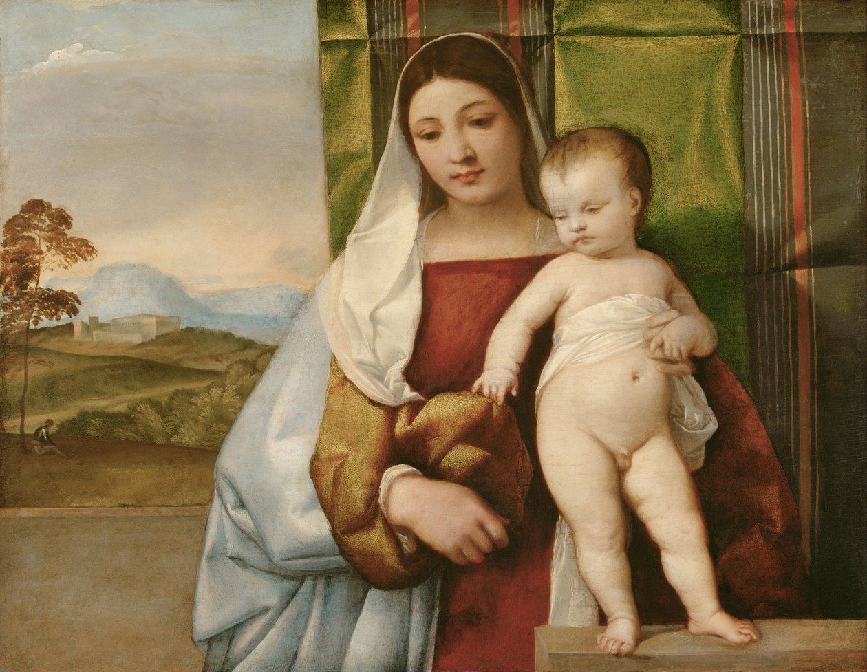 「Madonna zingarella" (La madone bohemienne) (The Gipsy Madonna) Peinture de Tiziano (Titien ou Titian) (1488-1576) vers 1510 - 木に油彩 Dim 65,5x83,5 cm Art History Museum, Vienne 作： ティツィアーノ（c.1488-1576）