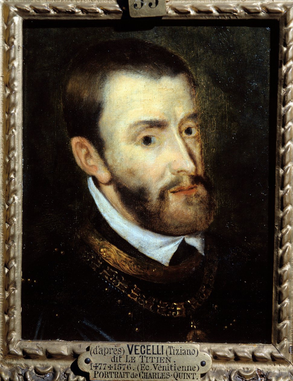 皇帝シャルル5世（1500-1558）の肖像 アウグスティン・ケスネル（1595-1661）がティツィアーノ・ヴェチェッリオ（1485-1576）の後に描いたもので、16世紀の作品です。シャンティイ、コンデ美術館（Musee Conde 作： ティツィアーノ（c.1488-1576）