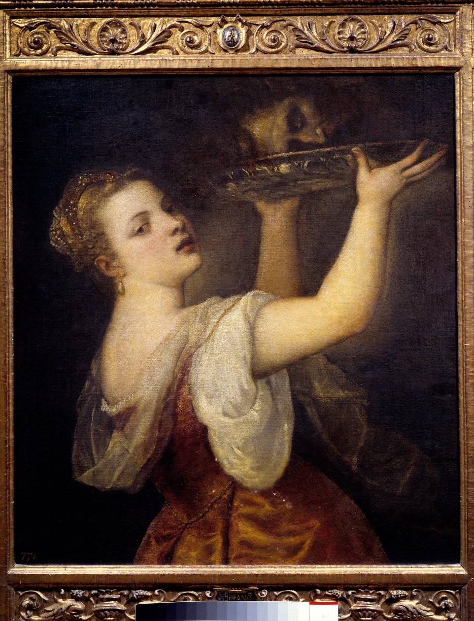 Salome mit dem Kopf von Johannes dem Täufer. Bei einem Bankett tanzt Salome, die schöne Tochter von Herodes Antipas II (21 v. Chr.-39 n. Chr.), und verlangt den Kopf von Johannes dem Täufer als Geschenk für ihre Mutter Herodias. Gemälde von Tiziano Vecelli von Tiziano Vecelli