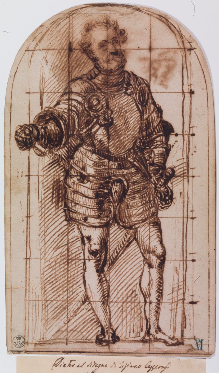 ウルビーノ公爵の肖像画のための習作（紙にペン・インク） 作： ティツィアーノ (c.1488 1576)