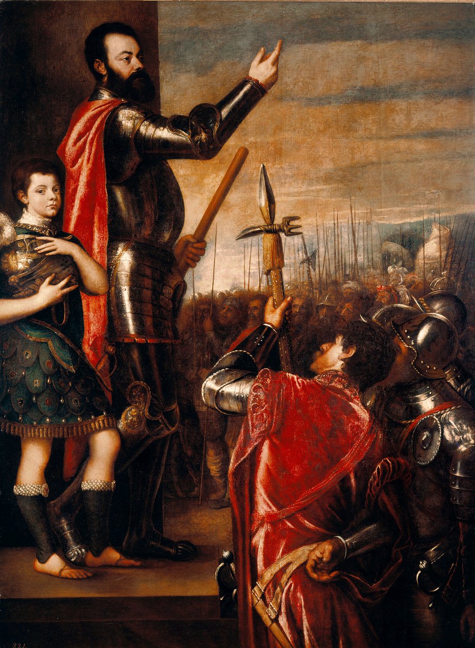アルフォンソ・デ・アバロス（1502-1546）の演説、コンドッティエーレ（指揮者） ティツィアーノ・ヴェチェッリオによるイタリア絵画は、ティツィアーノ（1490年頃-1576年）1540-1541年のディム。223x165 cm マドリッド、プラド美術館 作： Tiziano Vecelli