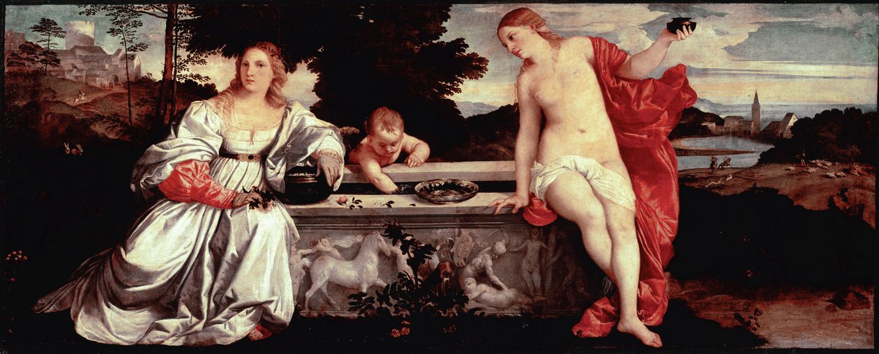 聖なる愛と俗なる愛 ティツィアーノ・ヴェチェッリオ（1490-1576）による絵画 ティツィアーノ（1490-1576）による絵画 1515年頃  Sun.118x279 cm ローマ、ボルゲーゼ美術館 - 聖なる愛と俗なる愛 -  ティツィアーノ・ヴェチェッリオ、ティツィアーノと呼ばれる人物（1498 
