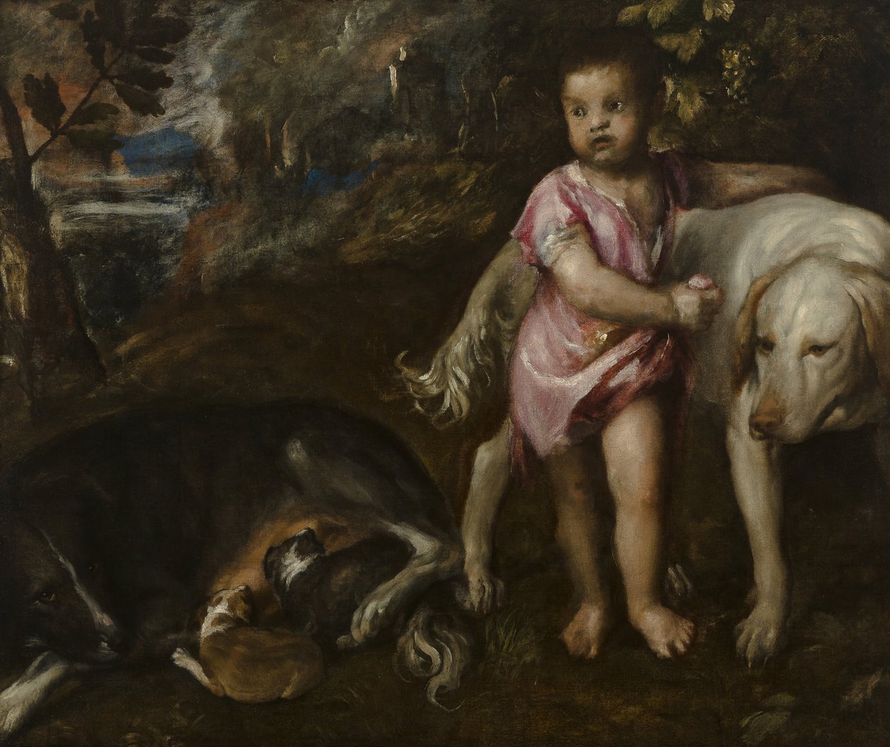 風景の中の犬と少年 作： Tiziano Vecelli