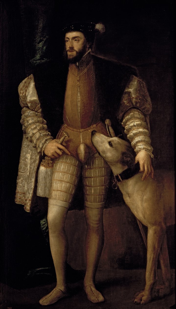 チャールズ5世（1500-58）神聖ローマ皇帝とスペイン王、犬と一緒に、1533年 作： Tiziano Vecelli