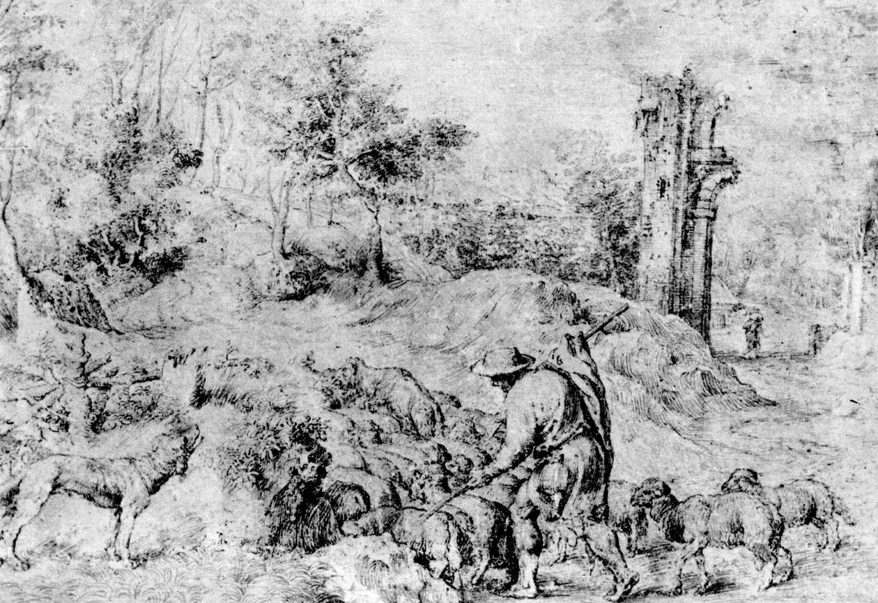 羊飼いと群れのいる風景、c1520、1937 作： Tiziano Vecelli