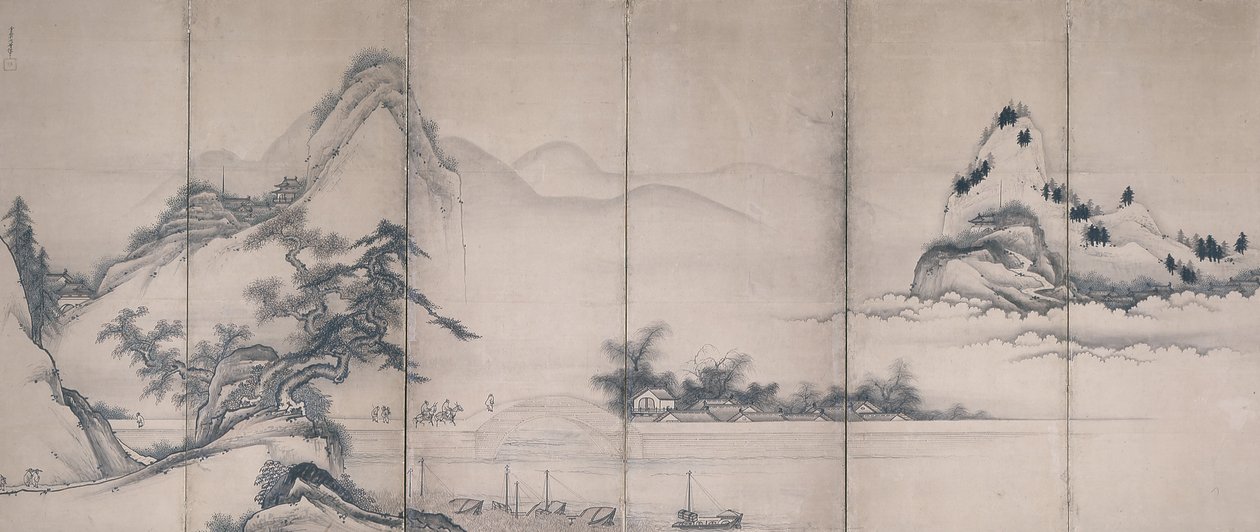 湖畔の橋の旅人（紙にインクとカラー、六面屏風） 作： 東越 東越