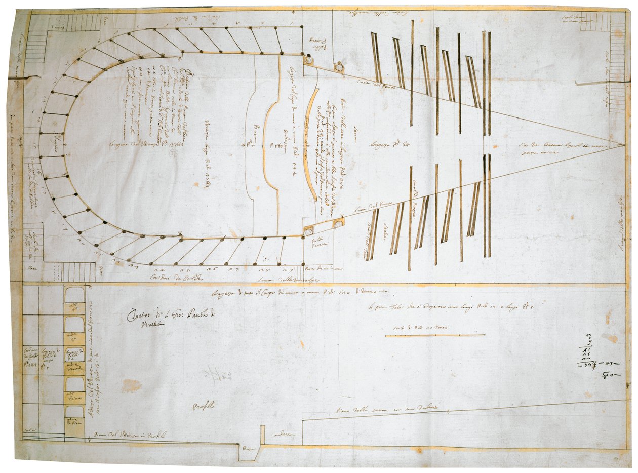 ヴェネツィアのサンティジョヴァンニエパオロ劇場の平面図、カルロフォンターナ設計、1654年（紙に記入） 作： トマソ・ベッツィ
