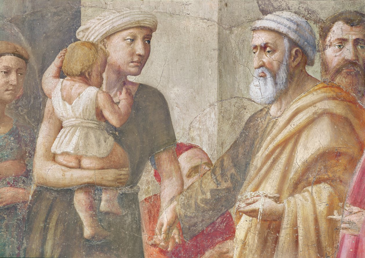聖ペテロと女と子の詳細、聖ペテロと聖パウロの施し、施し、1426年頃（フレスコ画）（57194の詳細） 作： トンマソ・マサッチオ