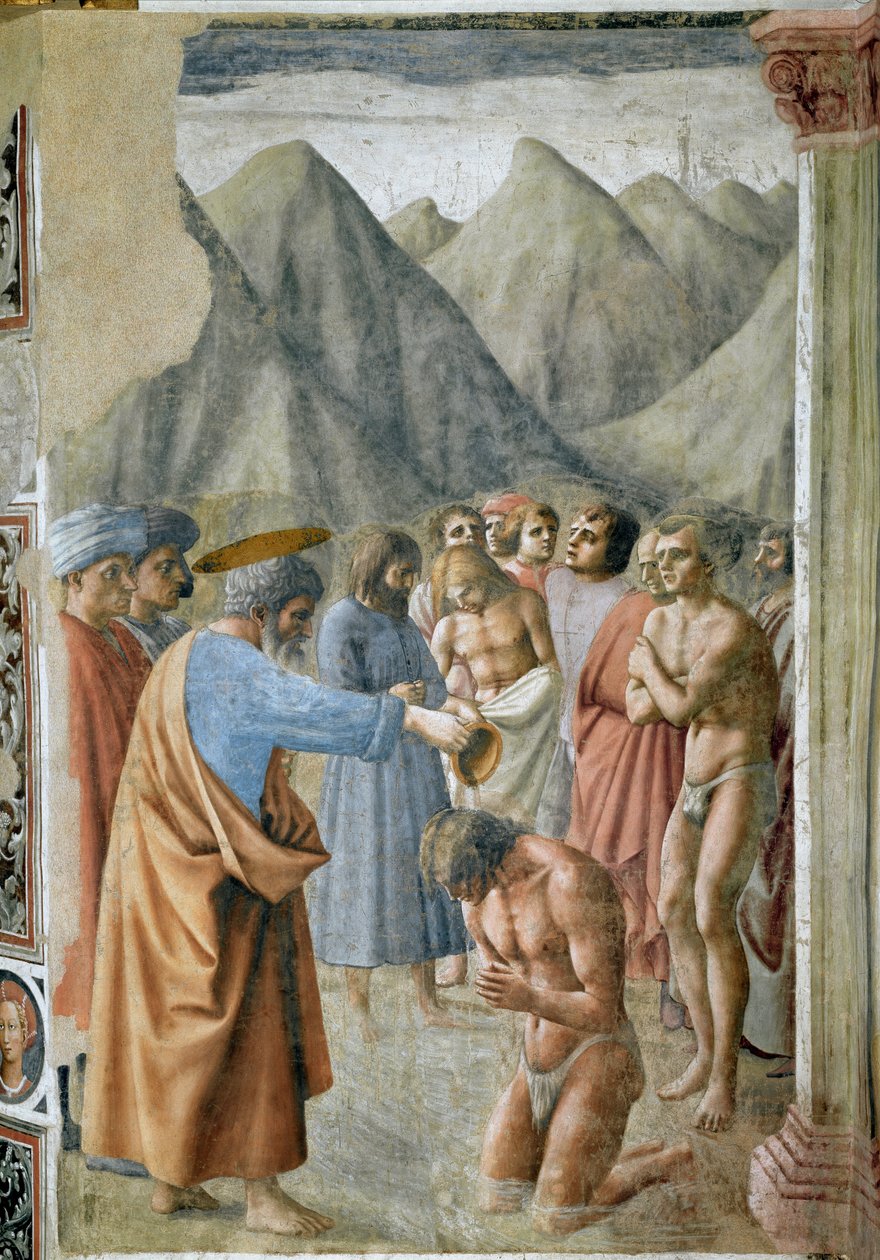 新教徒に洗礼を施す聖ペテロ マサッチョ（Tommaso di ser Giovanni di Mone Cassai）（1401-1428）によるフレスコ画 1425-1427 薄暗い 229,9x161.9 cm フィレンツェ サンタ・マリア・デル・カルミネ教会（Chiesa di Santa Maria del Carmine）、ブランカッチ教会（Cappella Brancacci）。 作： トンマソ・マサッチオ