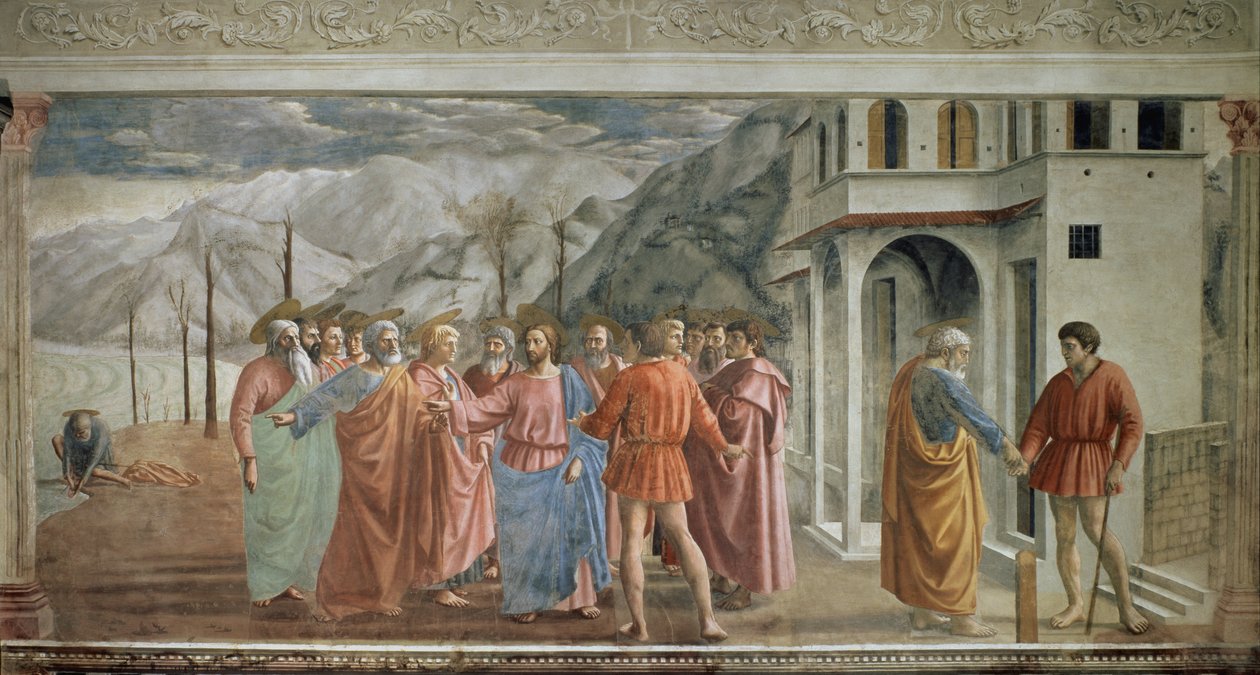 貢ぎ物のお金 - Le paiment du tribut（貢ぎ物） - Tommaso di ser Giovanni di Mone Cassai dit Masaccio（1401-1428）によるフレスコ画、254.5x598.3 cm 作： トンマソ・マサッチオ