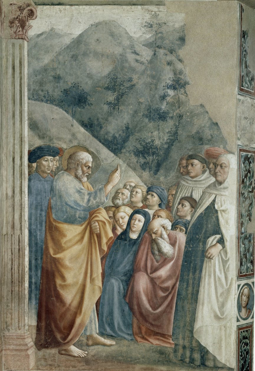 聖ペテロの説教 - Tommaso di Cristoforo Fini dit Masolino da Panicale（1383-1440年頃）によるフレスコ画、255x162cm、1425年頃。フィレンツェ、サンタ・マリア・デル・カルミネ教会、ブランカッチ・チャペル 作： トマソ・マソリーノ・ダ・パニカレ