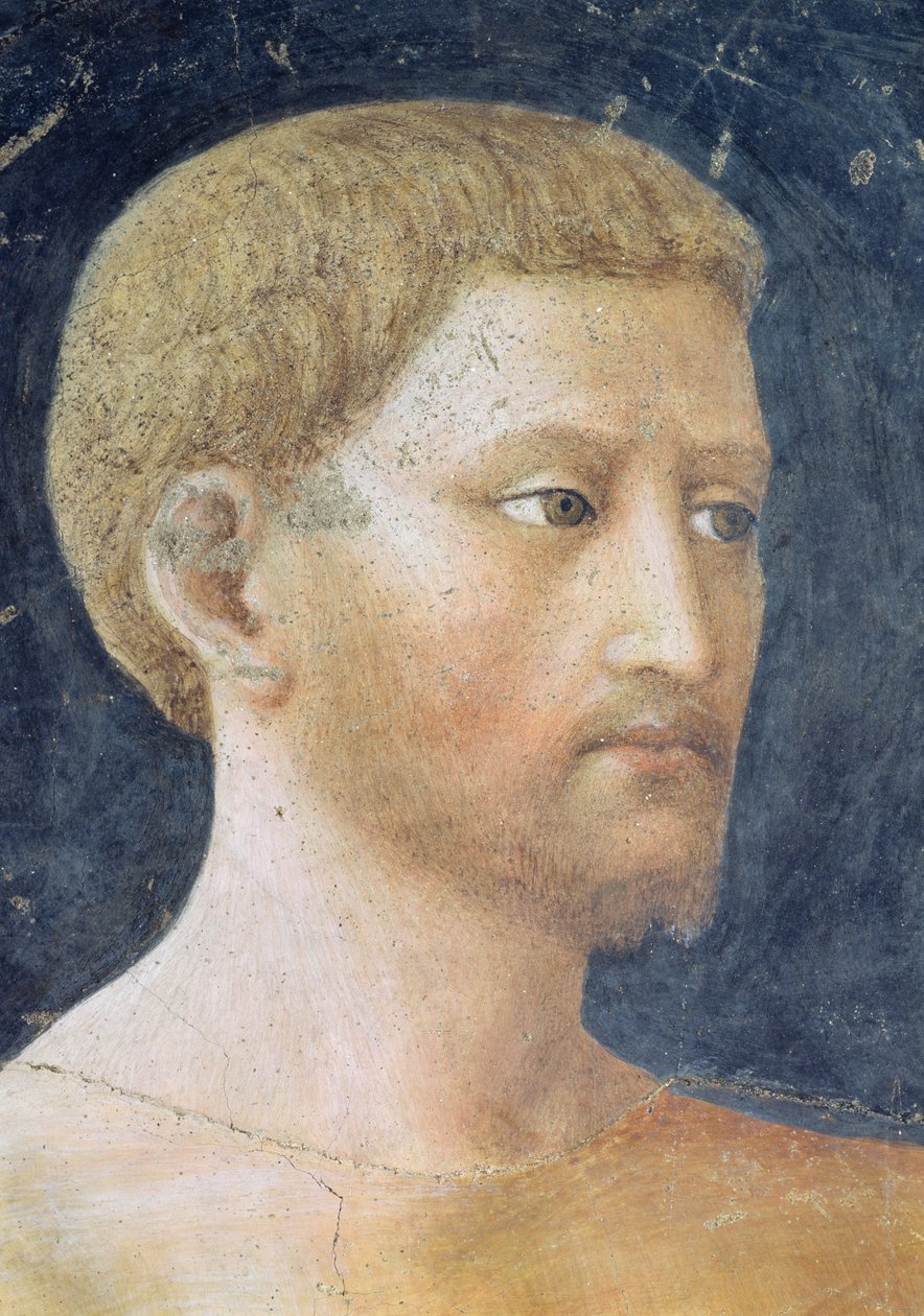 アダムの誘惑とイブのアダムの頭の詳細、c.1427フレスコ画 作： トマソ・マソリーノ・ダ・パニカレ
