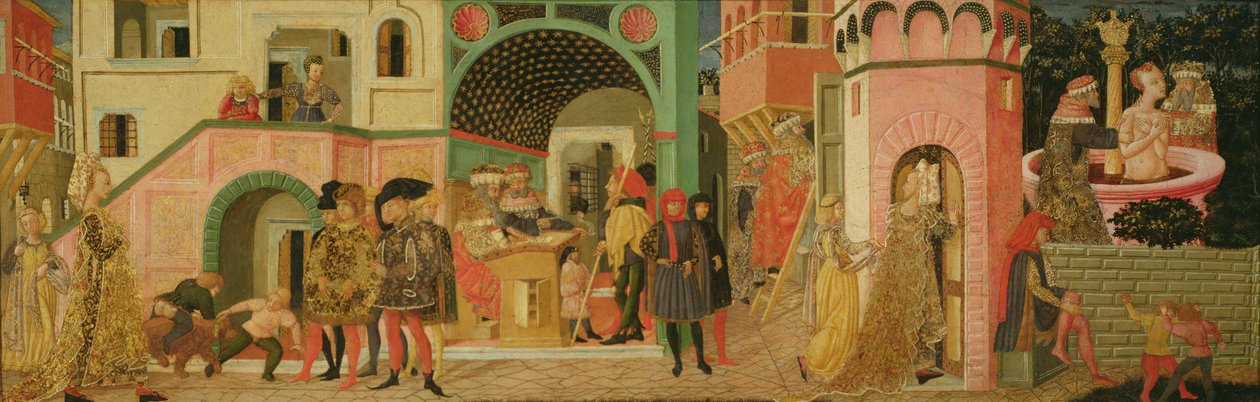 スザンナの物語、結婚箱の前面パネル、1450年頃（パネル上のテンペラ） 作： ジョヴァンニ・ディ・セル・ジョヴァンニ