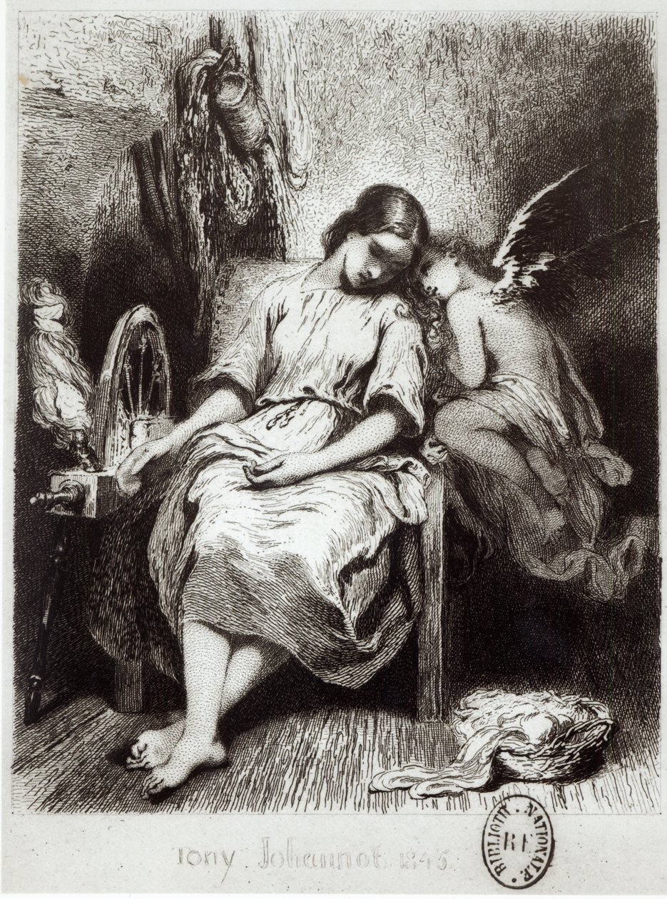 天使と居眠りをしている若い女性、チャールズノディエ（1780〜1844年）の「Contes Choisis」のイラスト 作： トニー・ヨハノ
