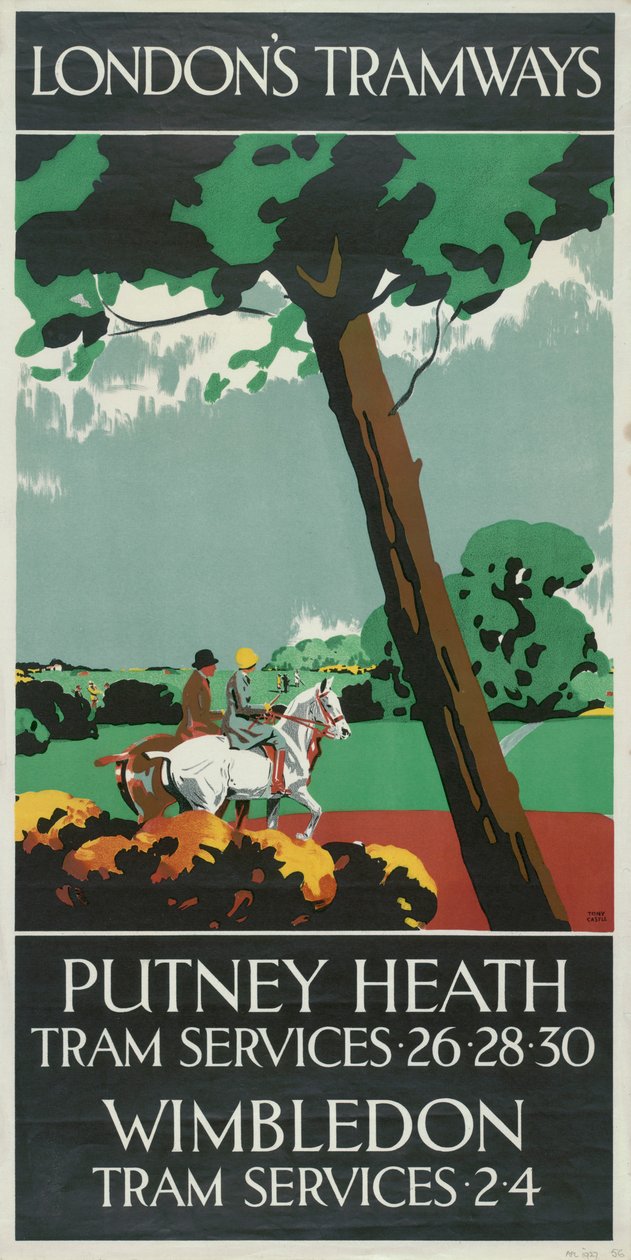 「パトニー ヒース、ウィンブルドン」、ロンドン カウンティ カウンシル LCC トラムウェイのポスター、1927 年 作： トニー城