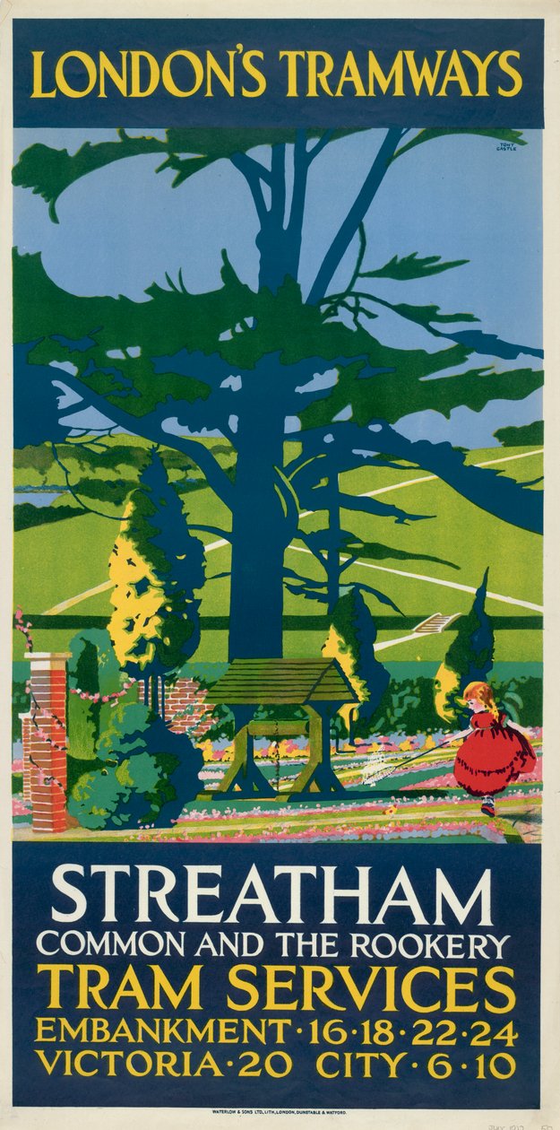 「Streatham Common and the Rookery」、ロンドン カウンティ カウンシル LCC トラムウェイのポスター、1927 年 作： トニー城