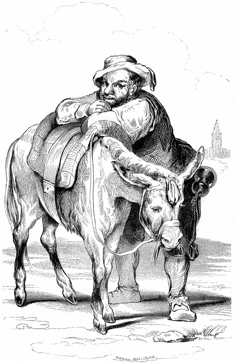 ドン・キホーテ（キホーテ、キホーテ）の従者サンチョ・パンサ（パンカ）とそのロバ。1845年にフランスでデュボシェ社から出版されたセルバンテスの小説の挿絵、ルイ・ヴィアルドーの翻訳、オニー・ヨハノの版画。 作： トニー・ヨハノ