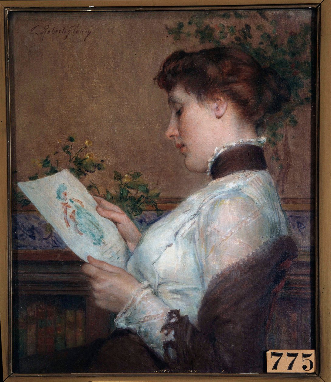 絵 デッサンを鑑賞する女性。トニー・ロベール・フルーリー（1837-1912）の絵 19世紀 オルレアン、ボザール美術館 作： トニー・ロバート・フルーリー
