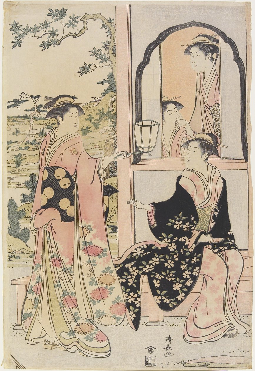 Four women in Mitate as Ushiwaka Serenading Jo_-ruri-hime, 1785 作： 清永鳥居
