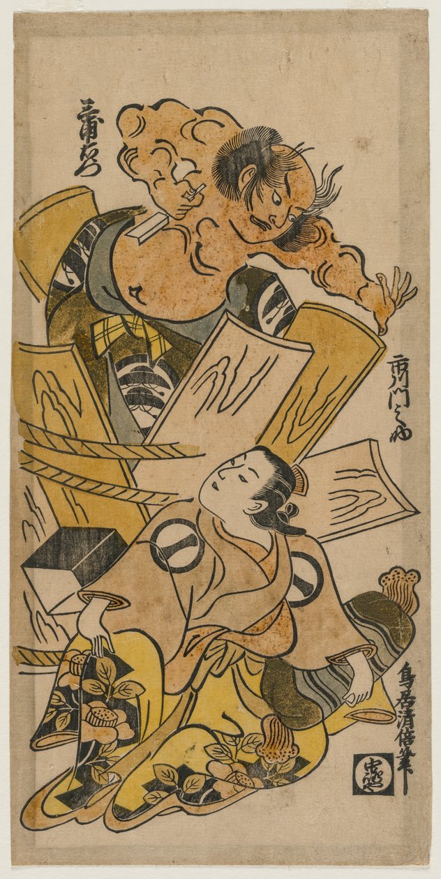 花魁としての市川文之助と、樽の中から破裂する中島三右衛門、1720年代初頭。 作： 鳥居清oma