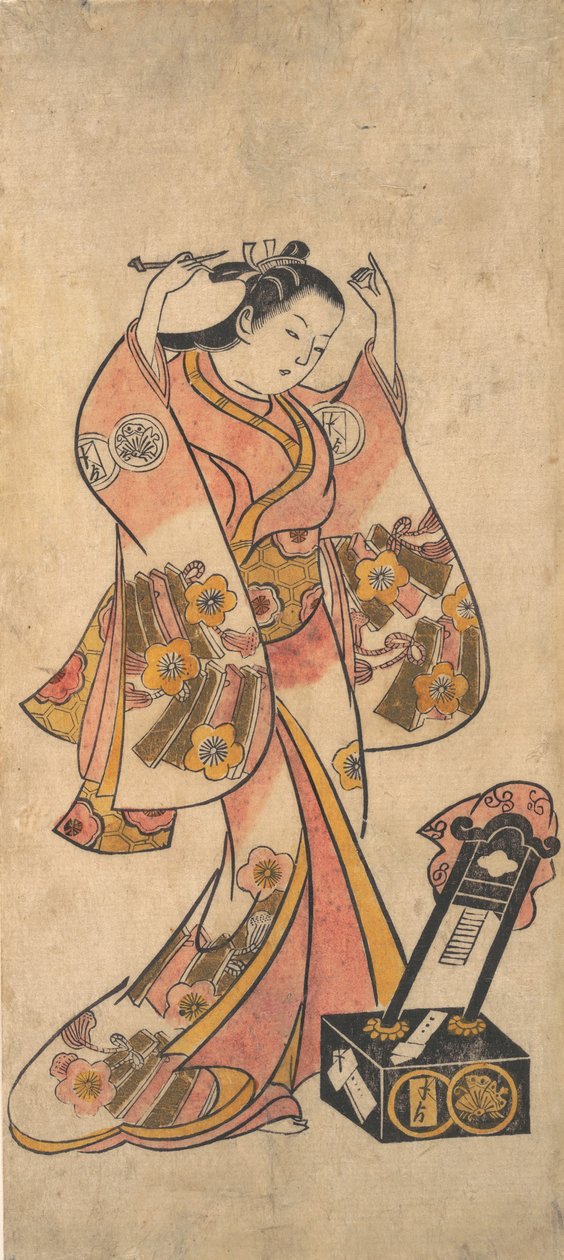 漆の鏡の前で髪を整える女の三条貫太郎（1763年以前 作： 鳥居清倍II