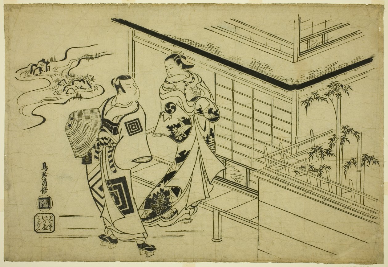 The Actors Nakamura Takesaburo I as Kewaizaka no Shosho and Ichikawa Danjuro II as Soga no Goro in the play "Bando Ichi Kotobuki Soga," performed at the Nakamura Theater in the first month, 1715 作： 鳥居清益初代