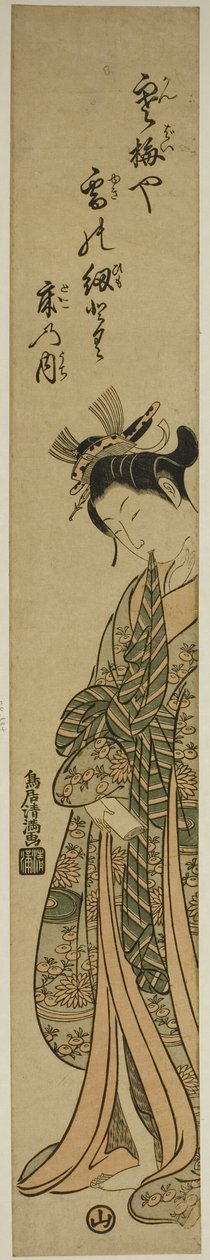 帯を歯で挟む若い女性 作： 鳥居清光初代