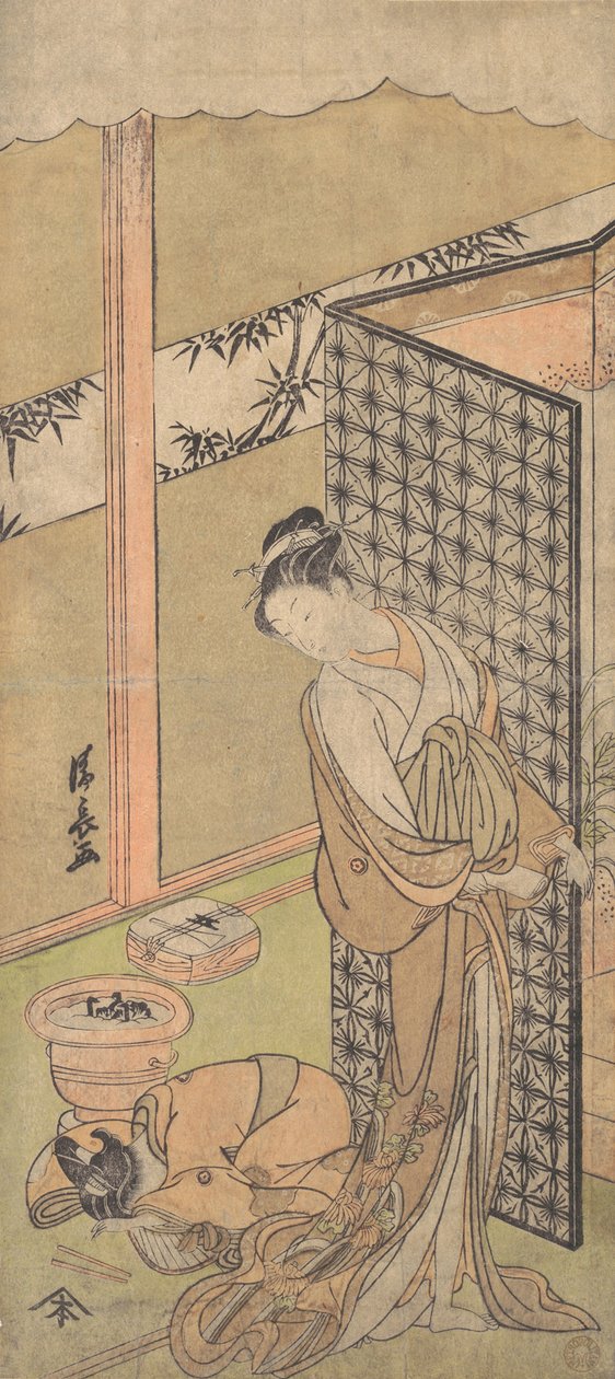 夜装の花魁がベッドを囲むスクリーンに片手を添えてポーズをとっている..., ca. 1770年。 作： 清永鳥居