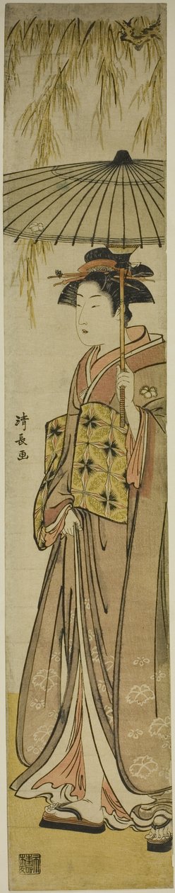柳の木の下で日傘をさす芸者 作： 清永鳥居