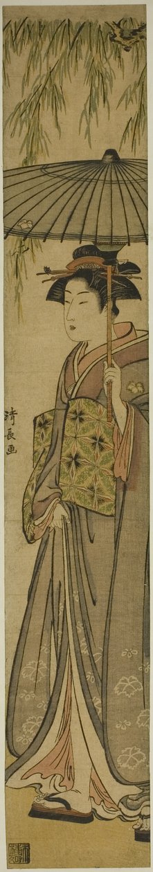 柳の木の下で日傘をさす芸者 作： 清永鳥居