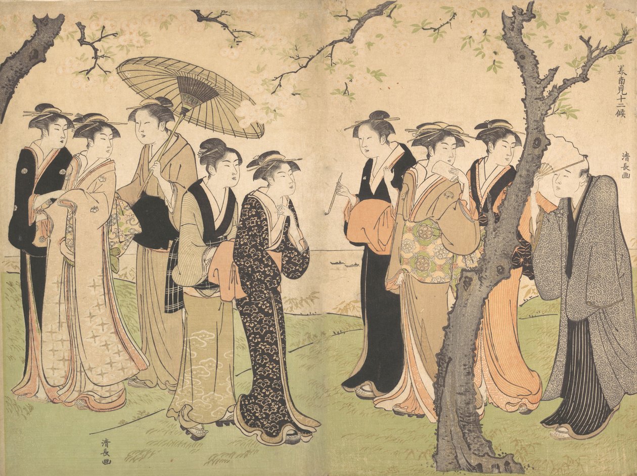 御殿山の桜の木の下で 6 つの芸者のグループ、カリフォルニア州。 1785年。 作： 清永鳥居