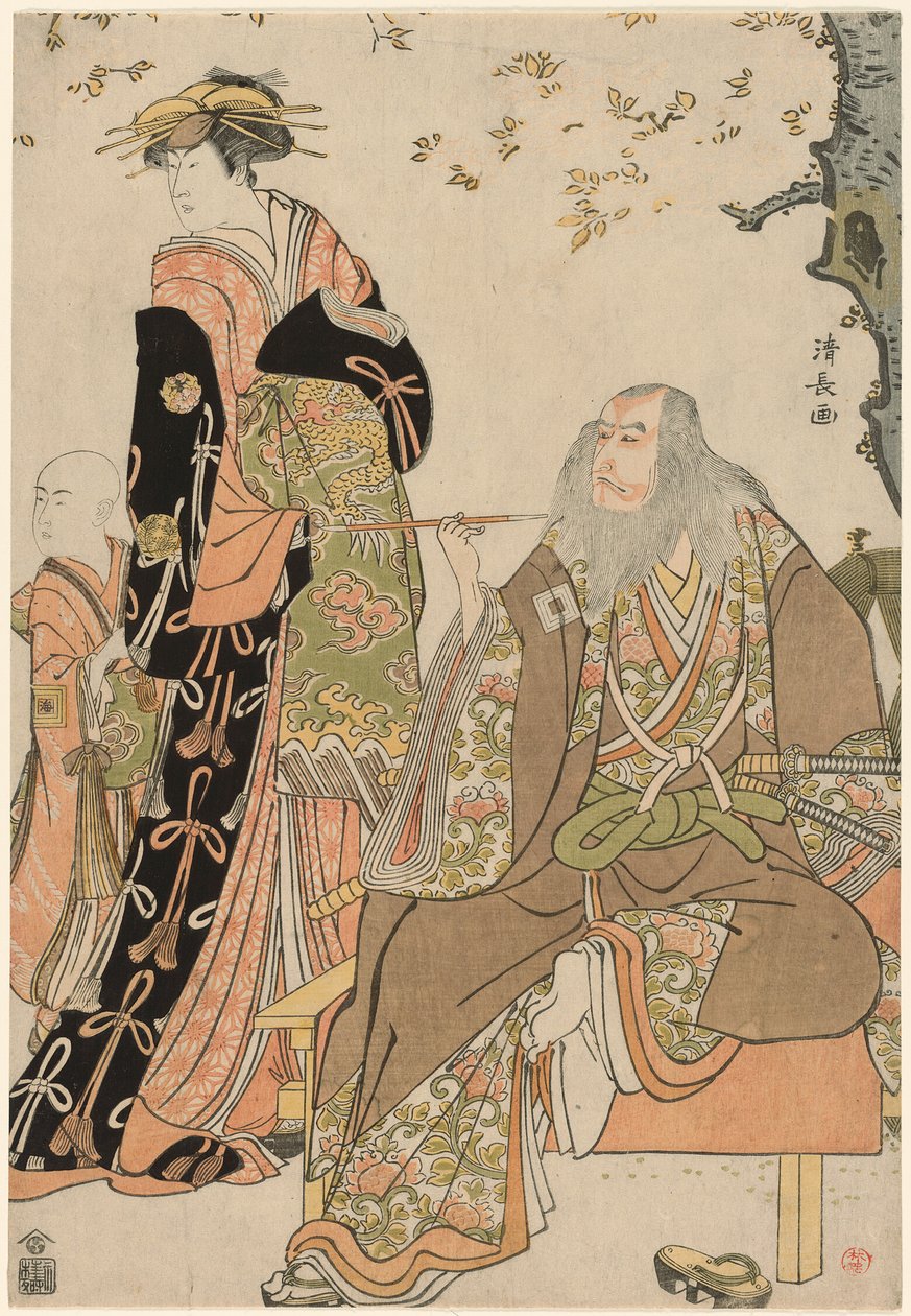 天明4年（1784）3月、中村座で上演された『助六由加里の江戸桜』での五代目市川團十郎（ひげの一休役）、中村莉子（あげまき役）、市川海老蔵（あげまきの付き人役）。 作： 清永鳥居