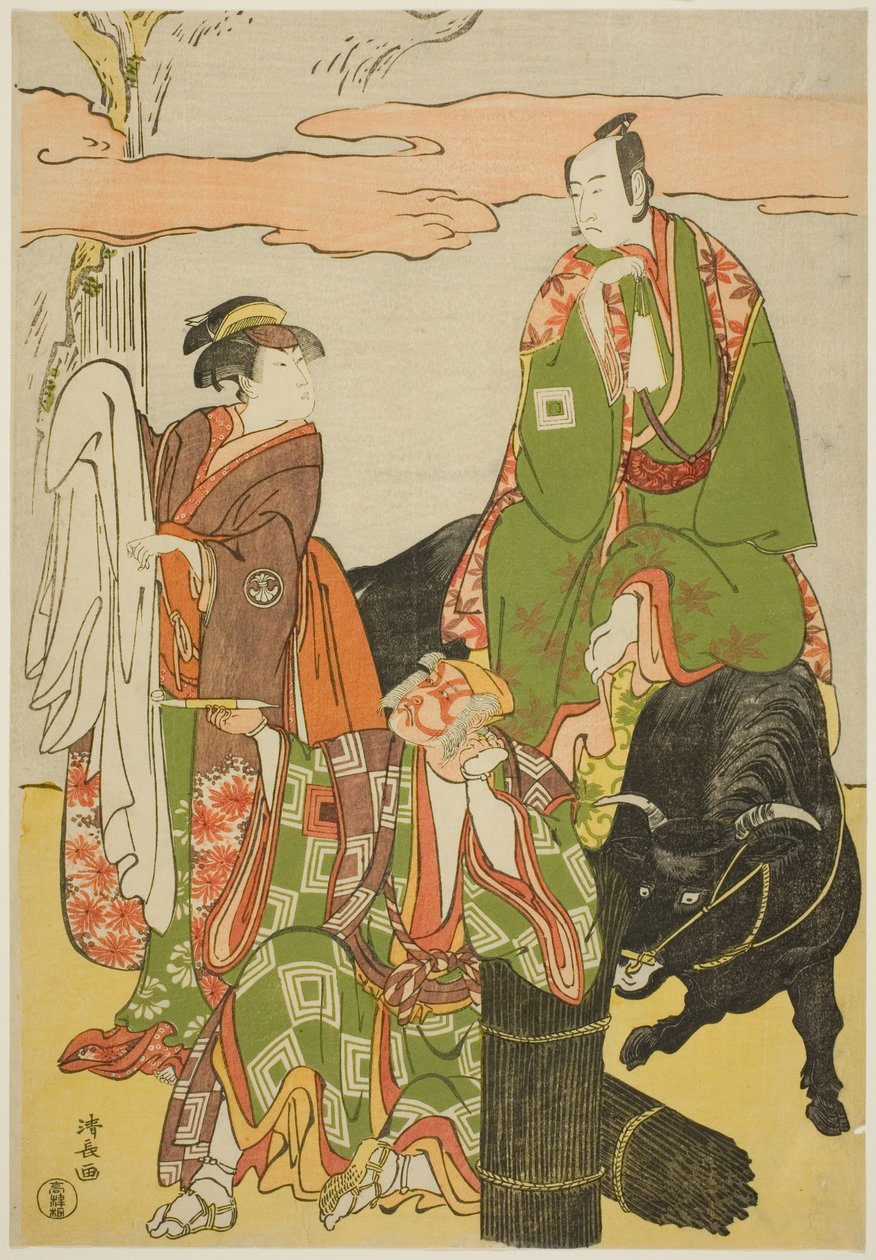 The Actors Ichikawa Monnosuke II as Miyukinosuke, Segawa Kikunojo III as Hatsune-hime, and Ichikawa Danjuro V as Ninnaji no Saibei, in the joruri "Shitenno Oe no Yamairi," performed at the Kiri Theater in the eleventh month, 1785 作： 清永鳥居