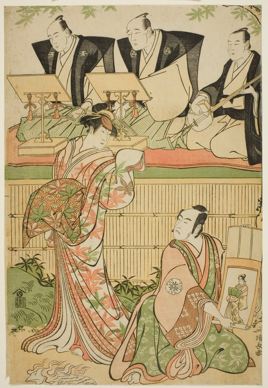 The Actors Matsumoto Koshiro IV as Ukita Sakingo and Sawamura Sojuro III as the ghost of the courtesan Takao, in the play "Ominaeshi Sugata no Hatsuaki," performed at the Nakamura Theater, 1788 作： 清永鳥居