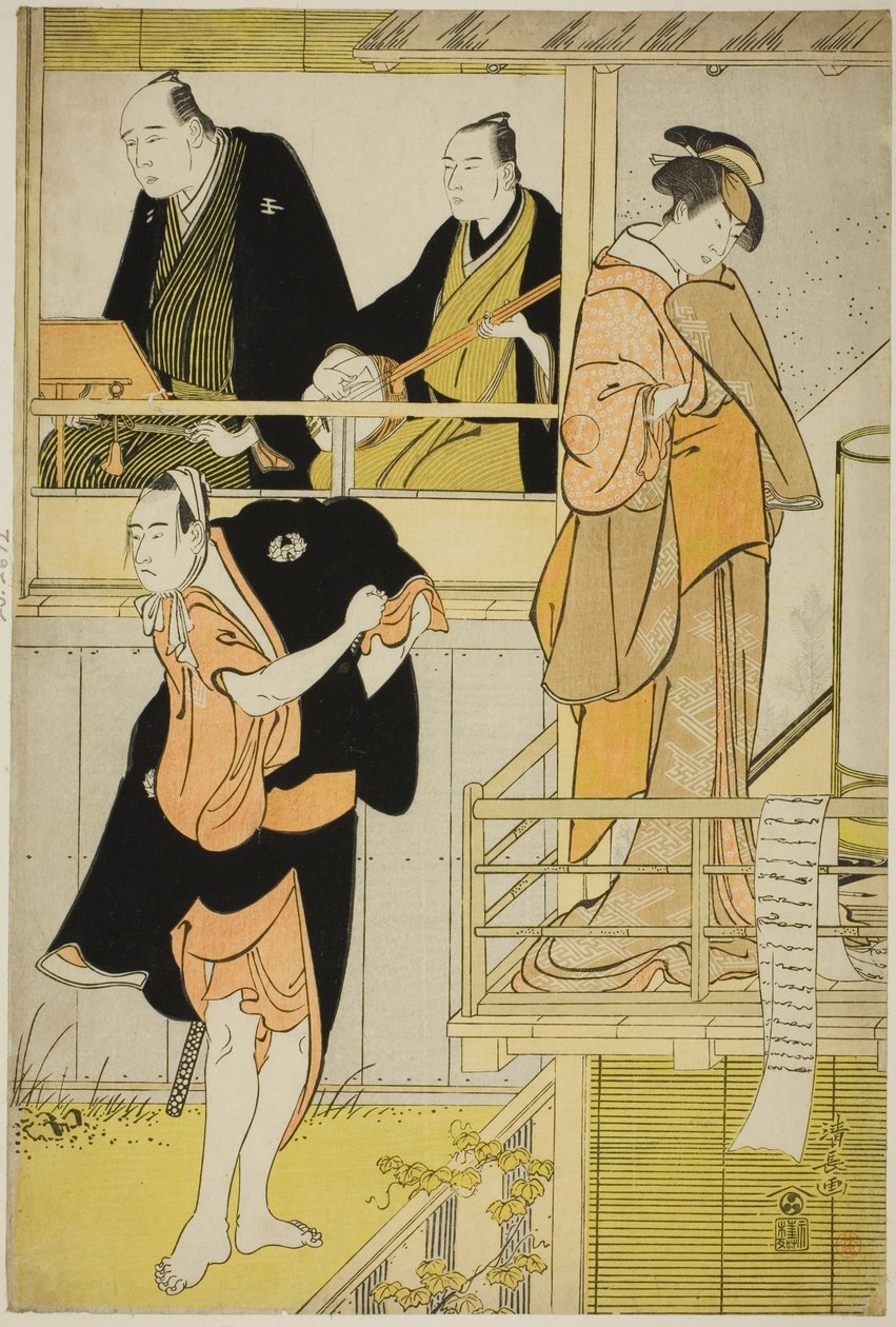 The Actors Nakamura Riko I as Tanbaya Otsuma and Ichikawa Yaozo III as Furuteya Hachirobei, in the joruri "Sakamachi Yoi no Yotsutsuji," performed at the Nakamura Theater in the third month, 1785 作： 清永鳥居